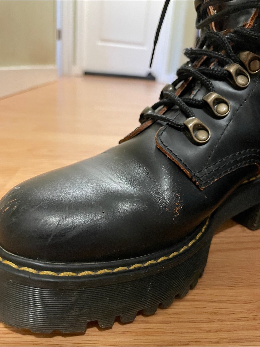 Dr. Martens Black Leather Lace-Up Lug Boots with Yellow Stitching - Picture 6 of 9